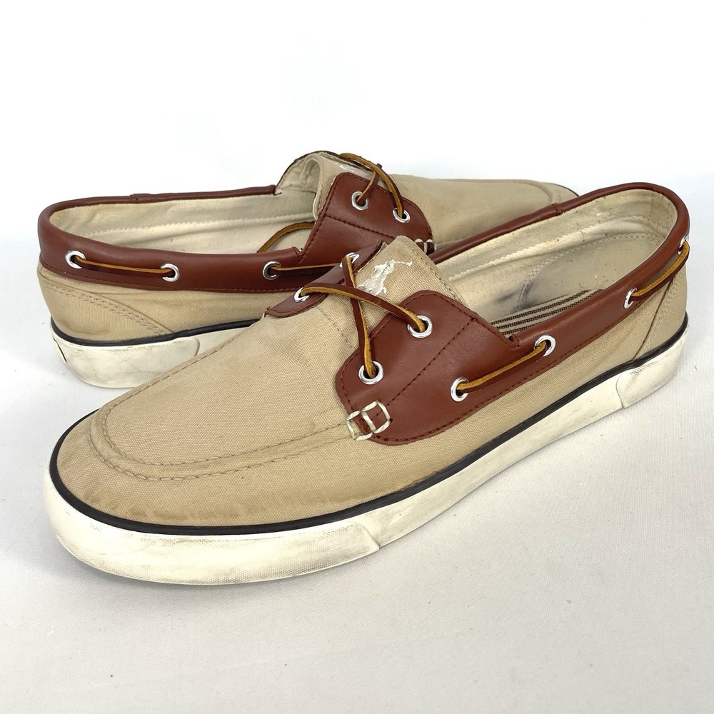 Polo Ralph Lauren Rylander Boat Shoes Beige Canvas Leather Mens‎ 12D